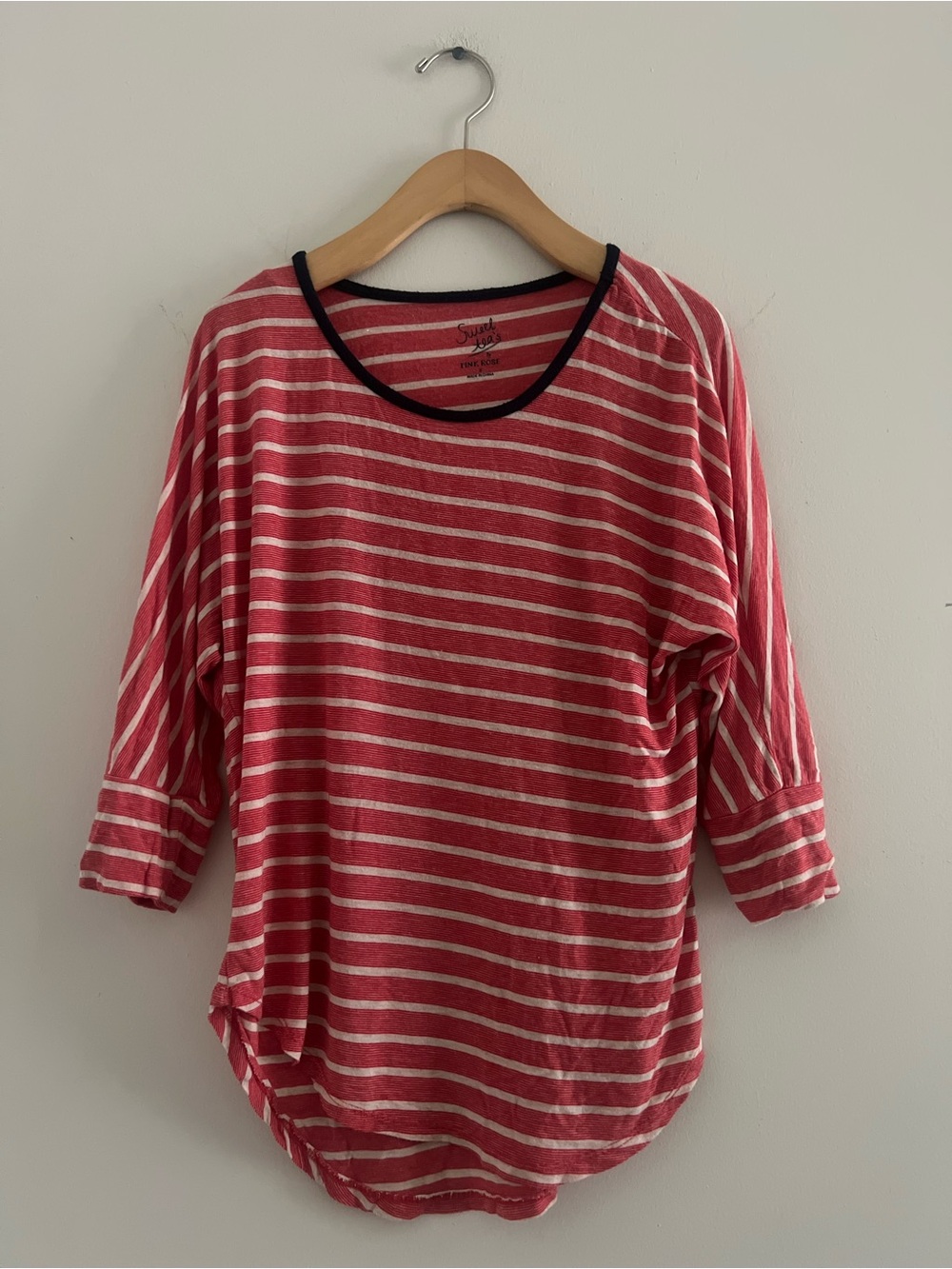 Red & Cream Striped Super Soft Three Quarter Sleeve Tee Sz S